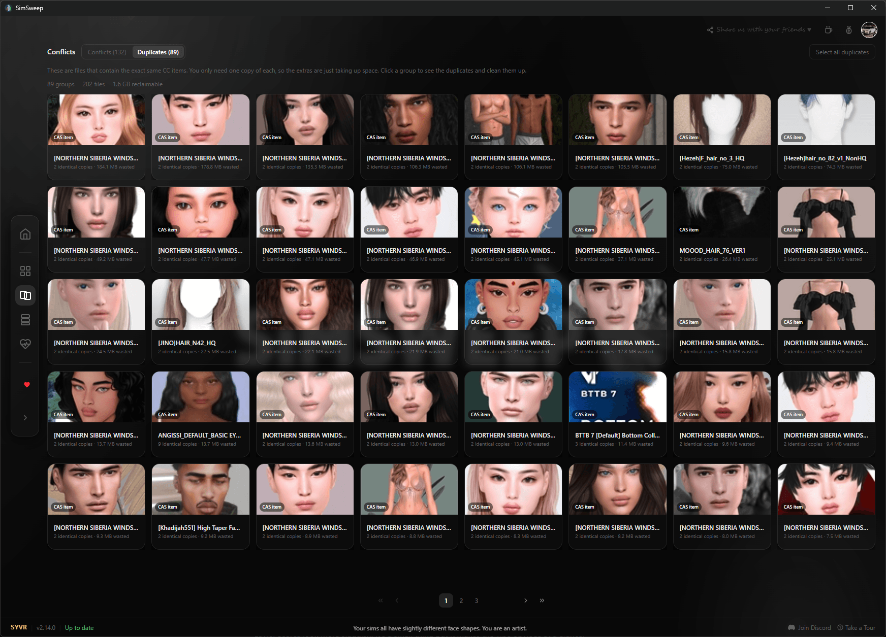 An earlier SimSweep results screen showing duplicate file groups