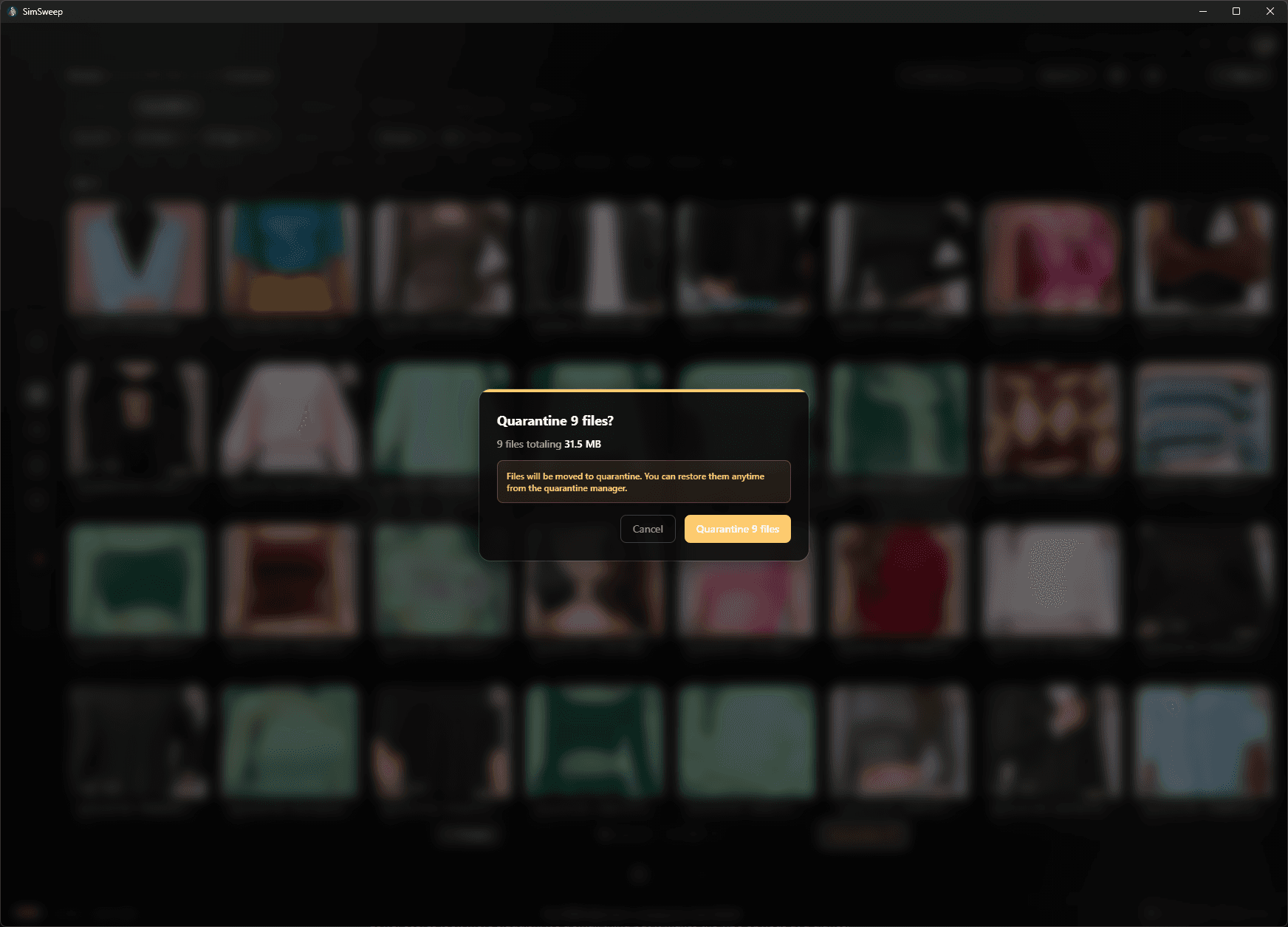An earlier SimSweep confirmation screen for moving selected files to quarantine