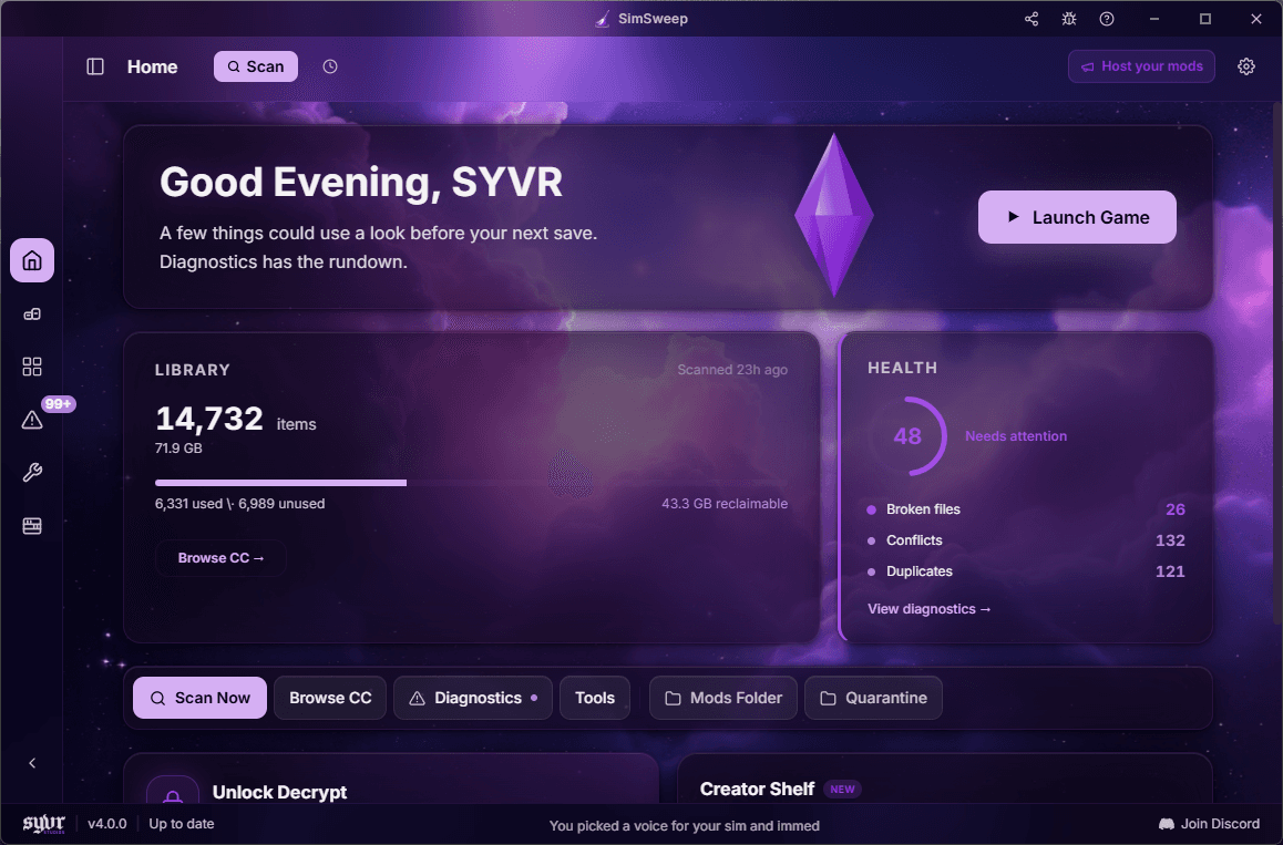 SimSweep dashboard in the Nebula theme, showing the library, health score, and folder rundown