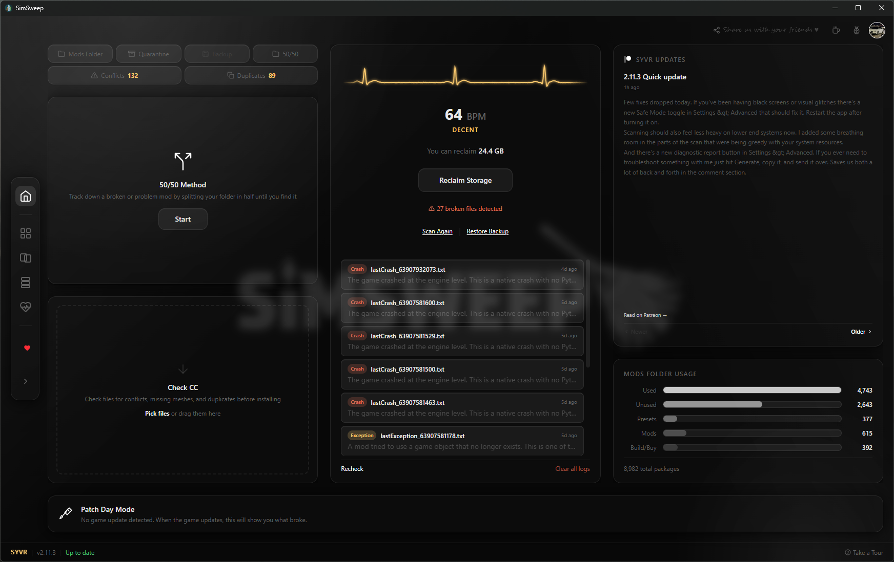 SimSweep dashboard showing CC health score, scan results, and folder breakdown